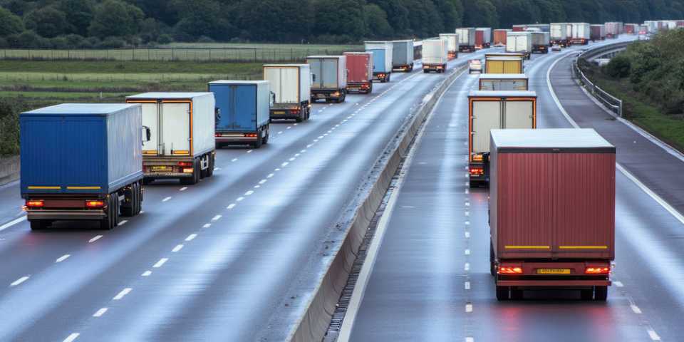 Long line of HGVs on a busy dual carriageway